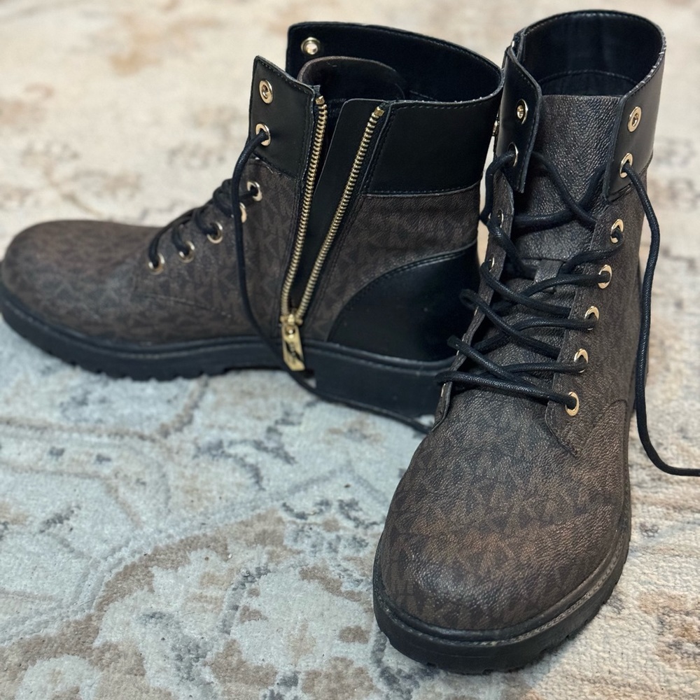 Michael Kors combat boots - leather, MK monogram print.